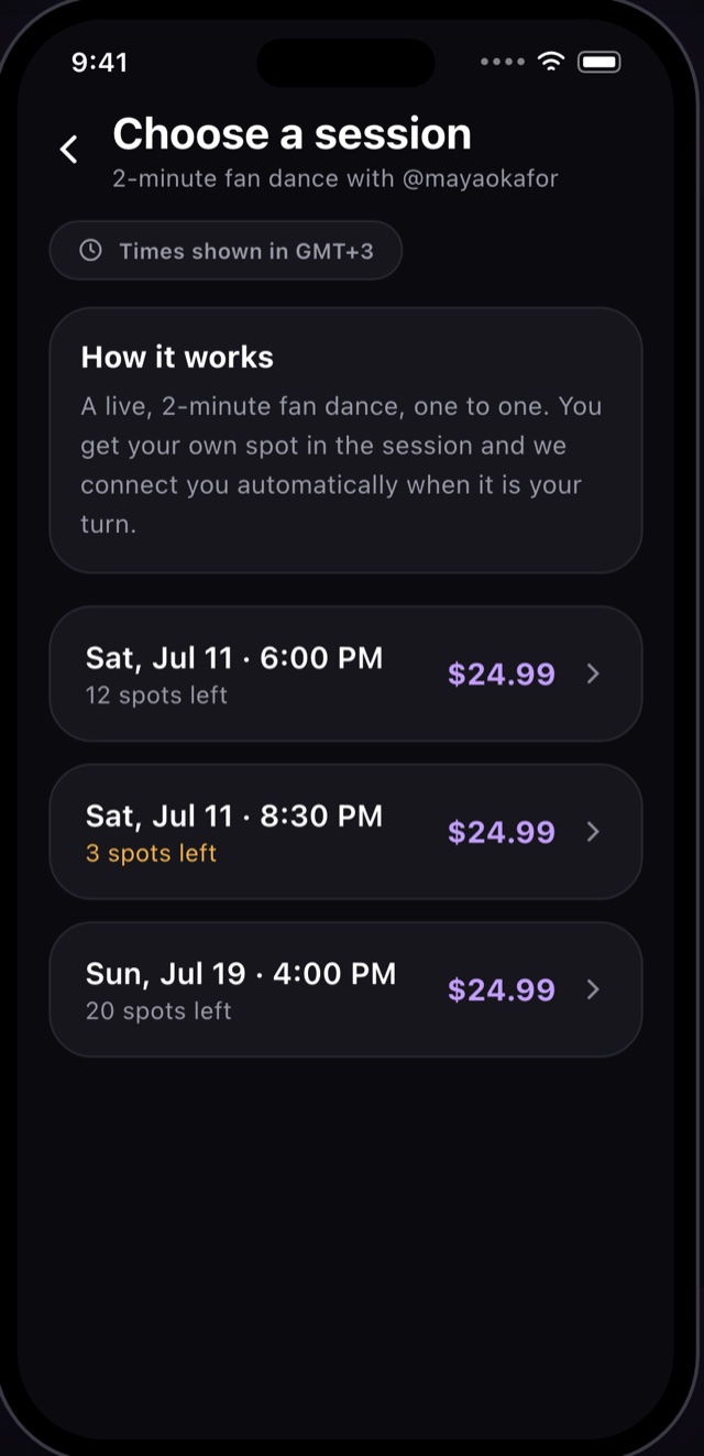 Choose a session: three upcoming 2-minute fan dance slots, one down to its last 3 spots