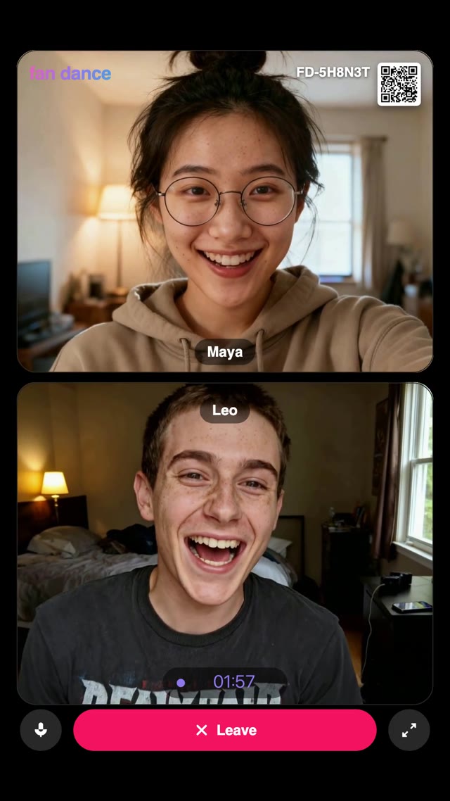 A live fan dance in the app: split-screen video call between the creator Maya and her fan Leo, 1:57 left on the clock, FD-5H8N3T code and QR watermark on the video