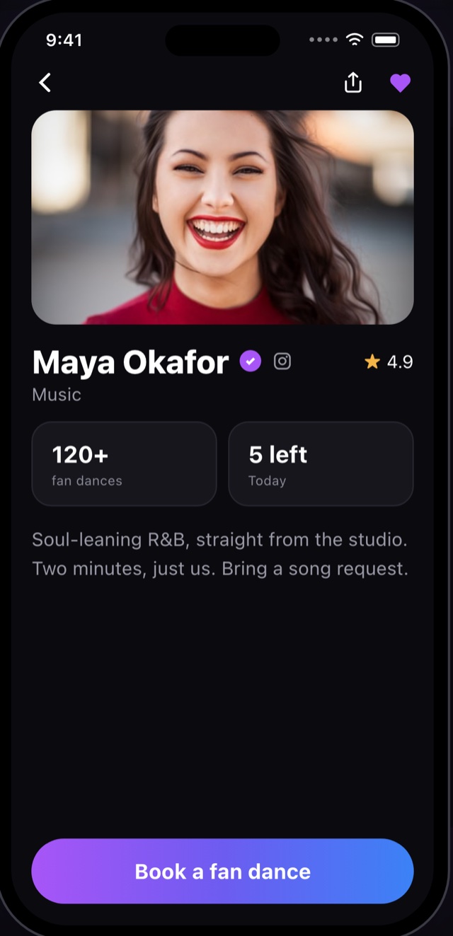 A creator profile with verified badge, rating and upcoming session times