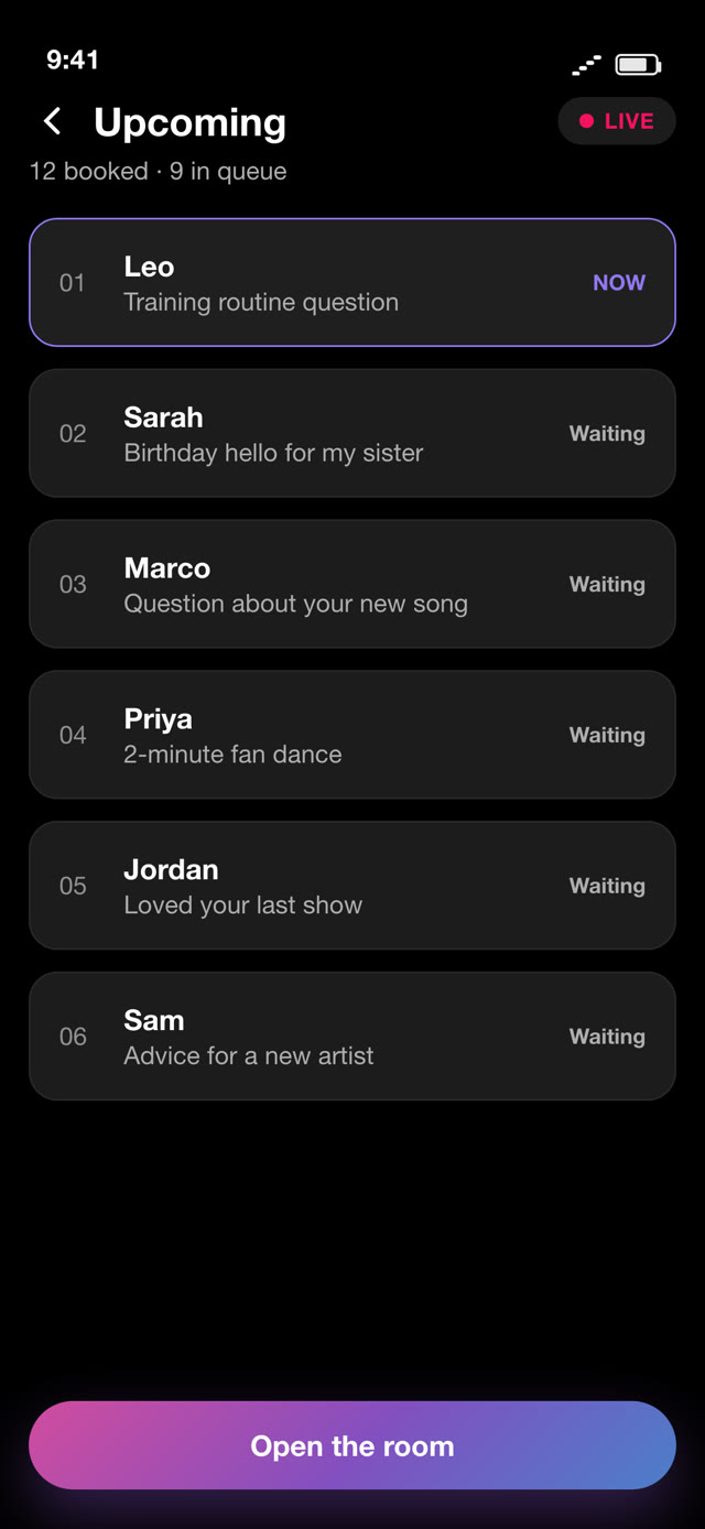 The live queue: 12 booked and 9 in queue, Leo up now, five more fans waiting their turn, and an Open the room button