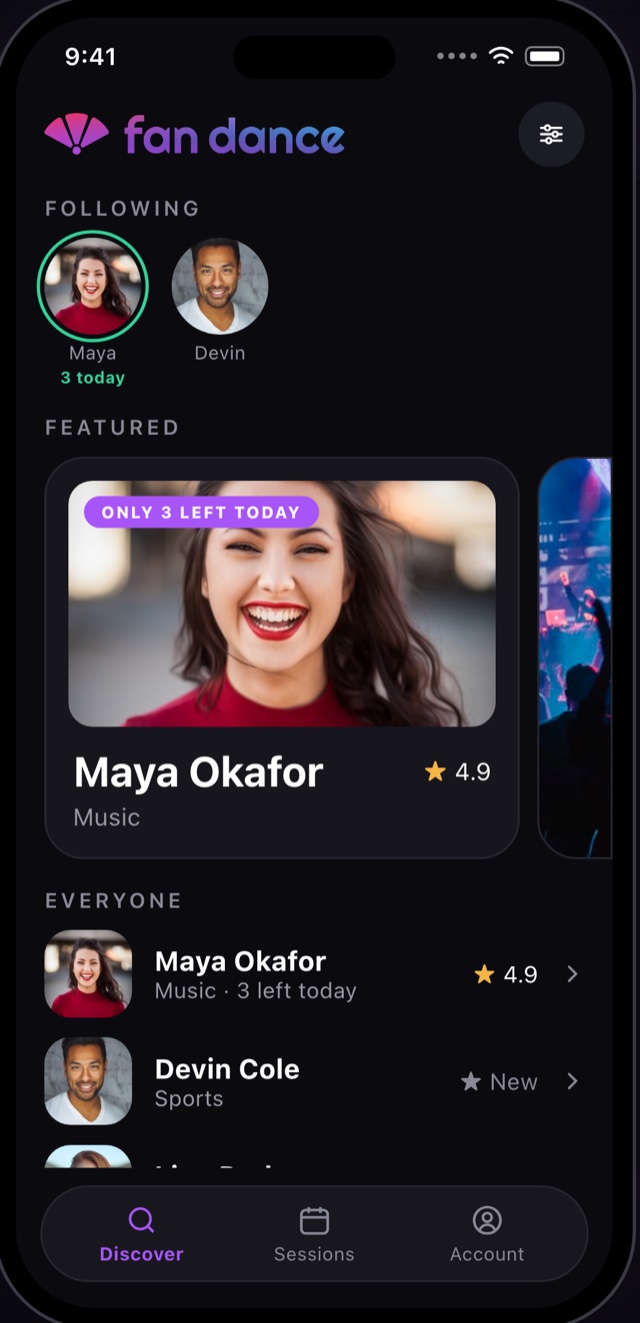 The Discover tab: creators you follow and featured creators, each showing how many fan dances are left
