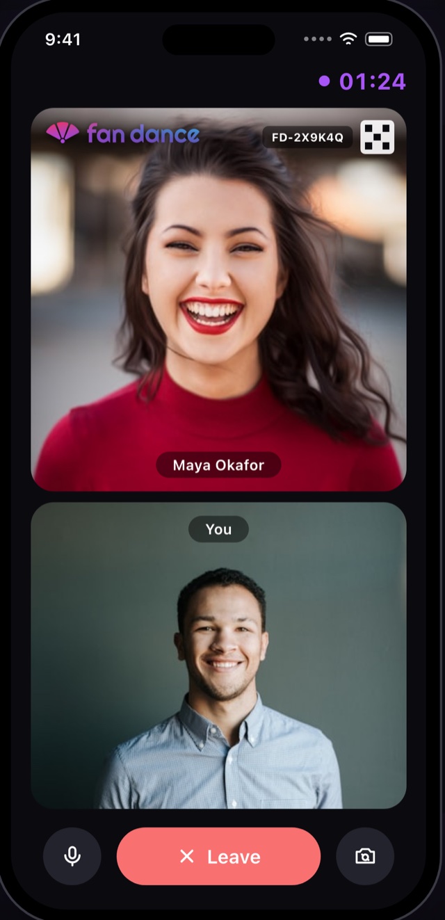 A live fan dance in the app: split-screen video call between Maya Okafor and a fan, 1:24 on the clock, FD-2X9K4Q code and QR watermark on the video