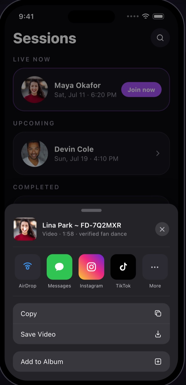 Sharing a fan dance: the share sheet open over the Sessions list, sending Lina Park's verified fan dance FD-7Q2MXR to Instagram or TikTok