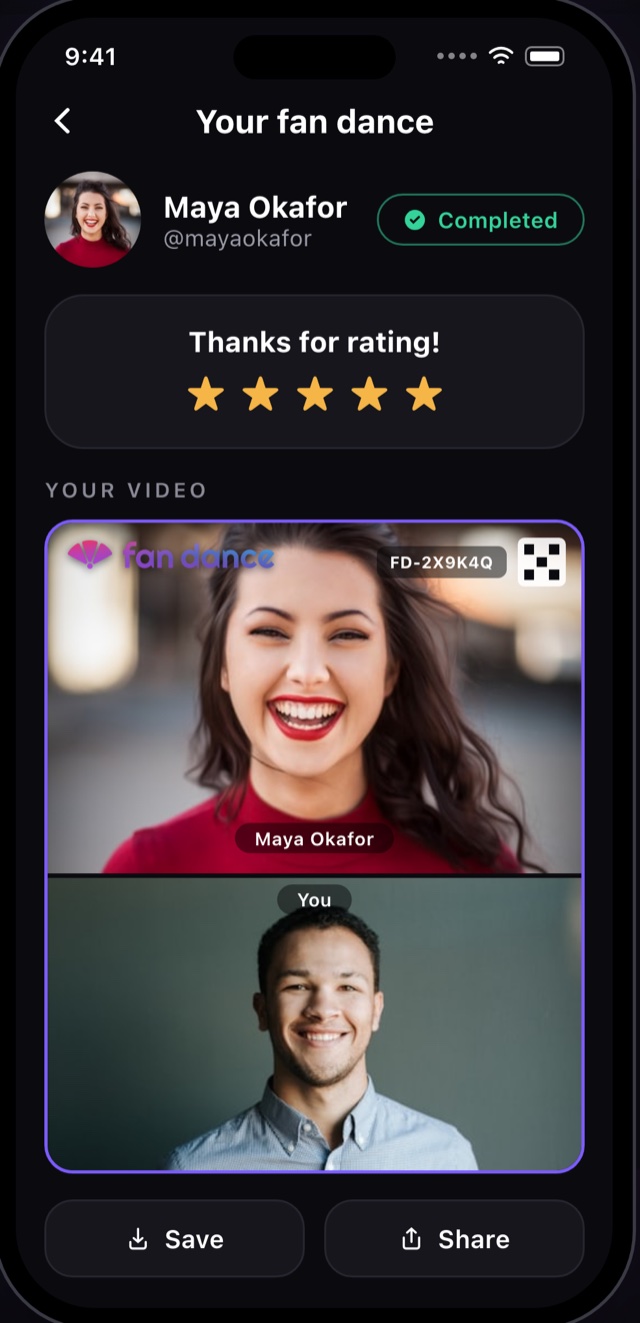 Your fan dance screen: the completed call as a watermarked video with its FD-2X9K4Q code, a five-star rating, and Save and Share buttons